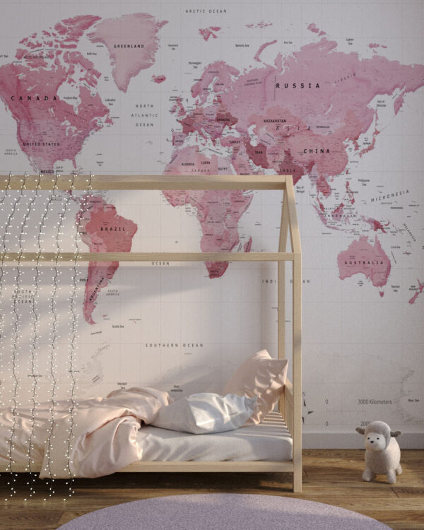 Political map of the world in soft pink colour wall mural for a children's room