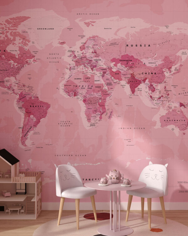 Political map of the world in bright pink colour wall mural for a children's room