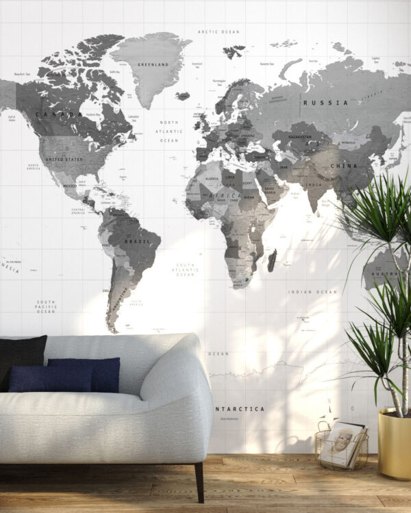 Political map of the world in grey color wall mural for the living room