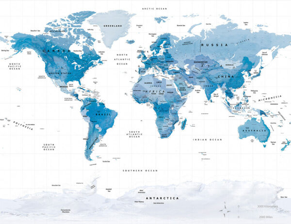 Political map of the world in blue color wall mural