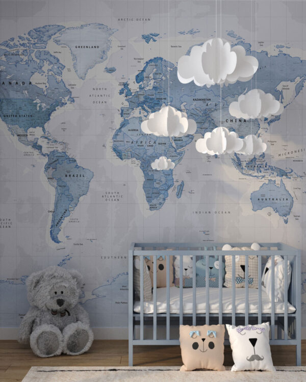 Political map of the world in sky blue colors wall mural for a children's room