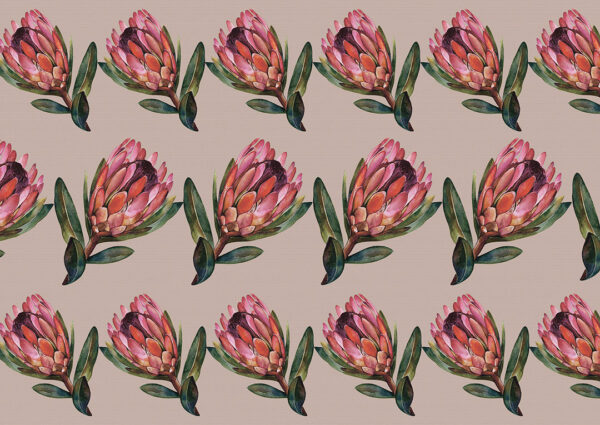 Detailed protea flower patterned wallpaper