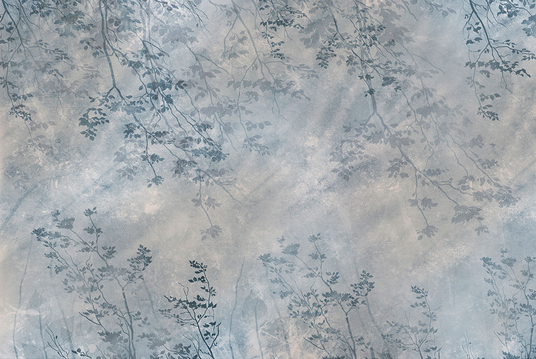 Mysterious blue tree branches and leaf imprints wall mural