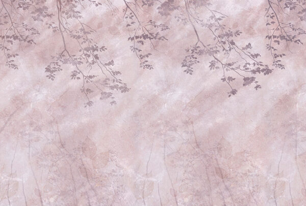 Abstract tree branches and leaves in pink forest wall mural