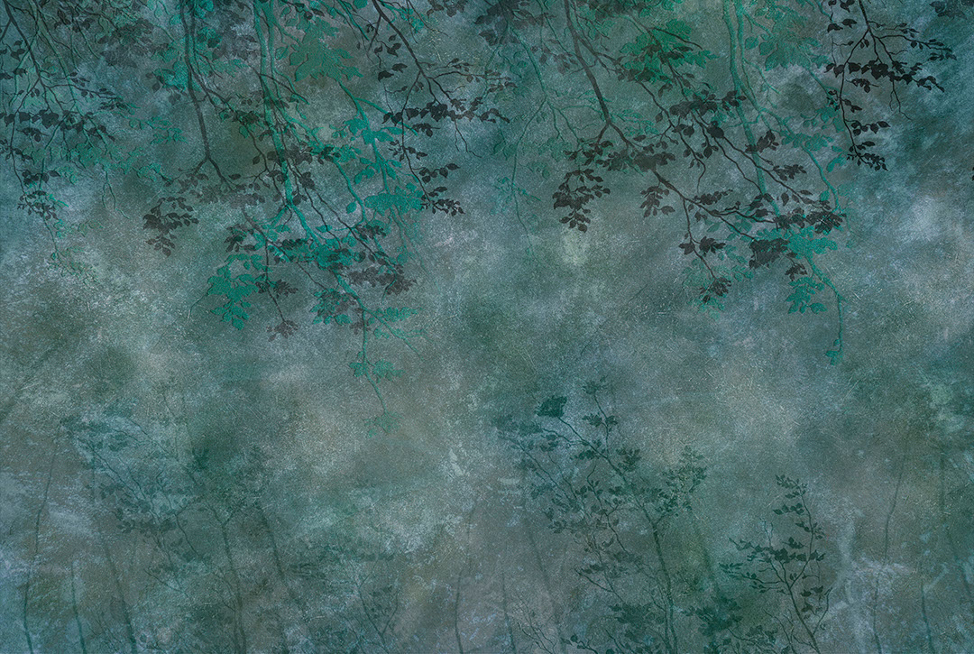 Abstract tree branches and leaves in green forest wall mural