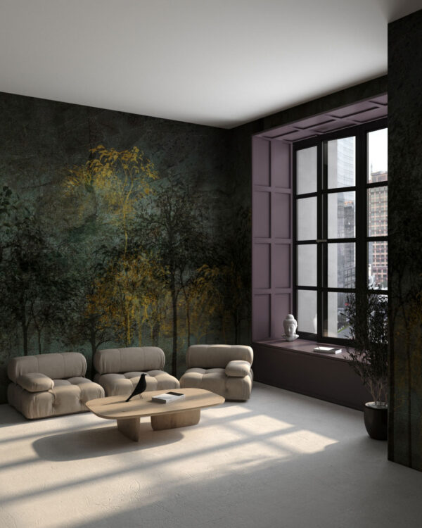 Mysterious dark forest wall mural with an accent colour for the living room