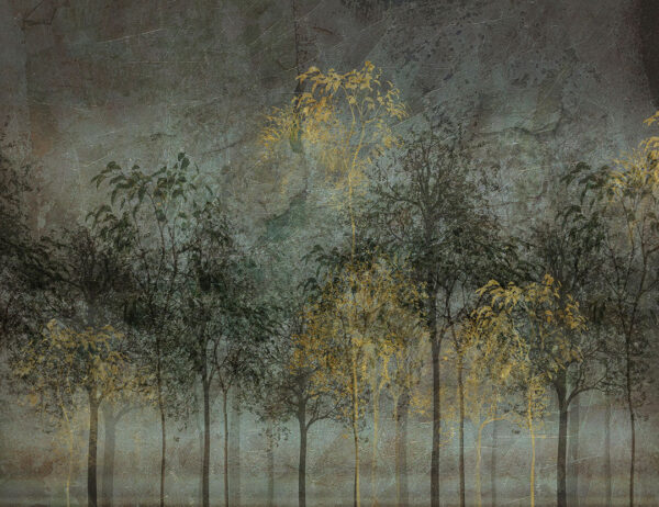 Mysterious dark forest wall mural with an accent gold and green colours