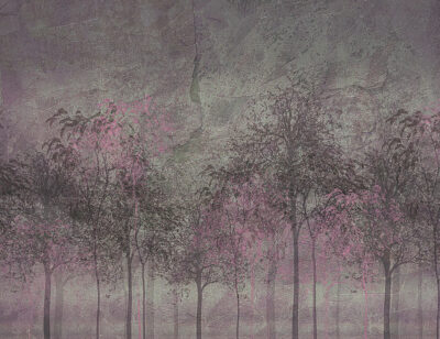 Mysterious dark forest wall mural with an accent purple and brown colours