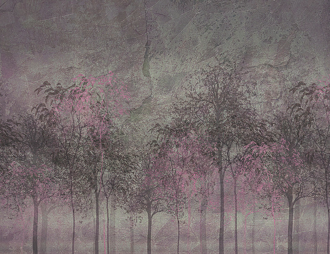 Mysterious dark forest wall mural with an accent purple and brown colours