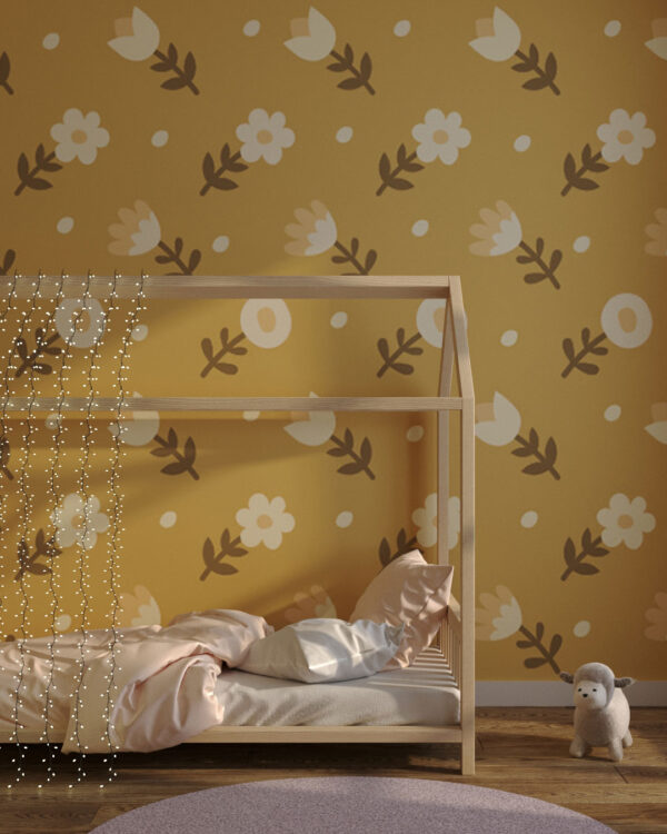 Patterned mustard floral wallpaper for a children's room