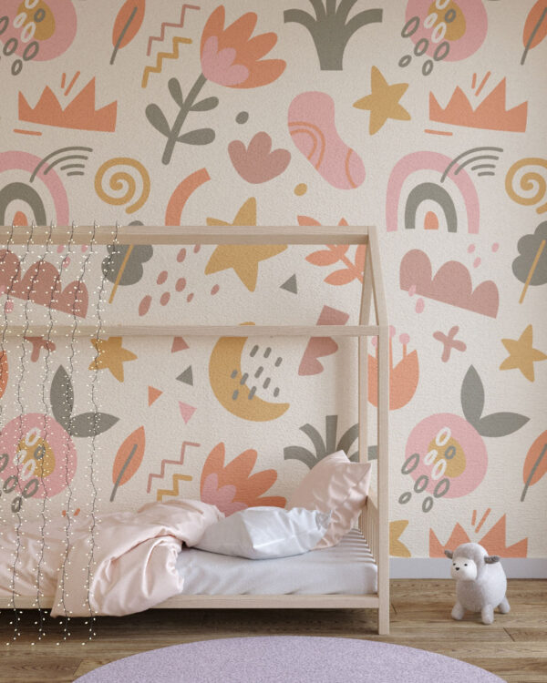 Patterned wallpaper with stars, moon, rainbow and leaves for a children's room