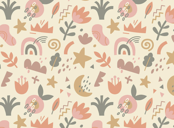 Patterned wallpaper with stars, moon, rainbow and leaves in warm tones