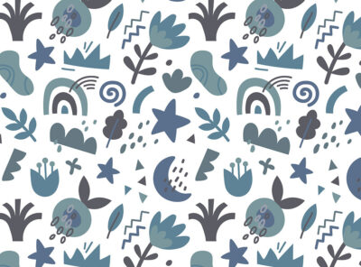 Patterned wallpaper with stars, moon, rainbow and leaves in cold tones