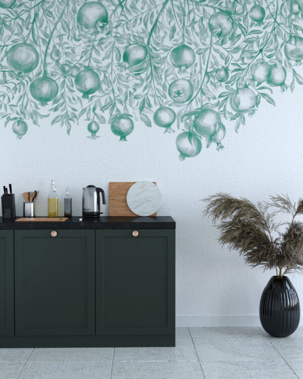 Hand-drawn green pomegranates wall mural for the kitchen