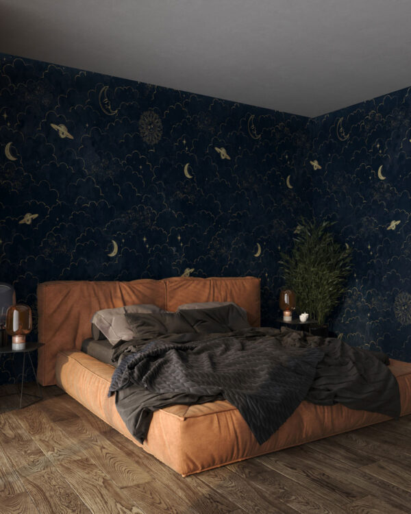 Silver planets, sun and clouds patterned wallpaper for the bedroom