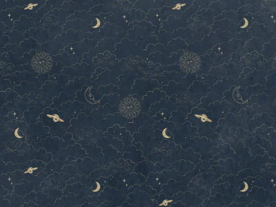 Silver planets, sun and clouds on the navy blue sky patterned wallpaper