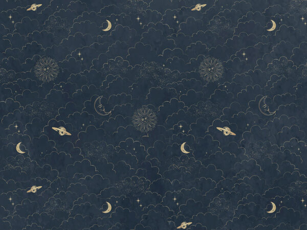 Silver planets, sun and clouds on the navy blue sky patterned wallpaper