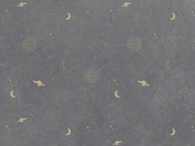 Silver planets, sun and clouds on the grey sky patterned wallpaper