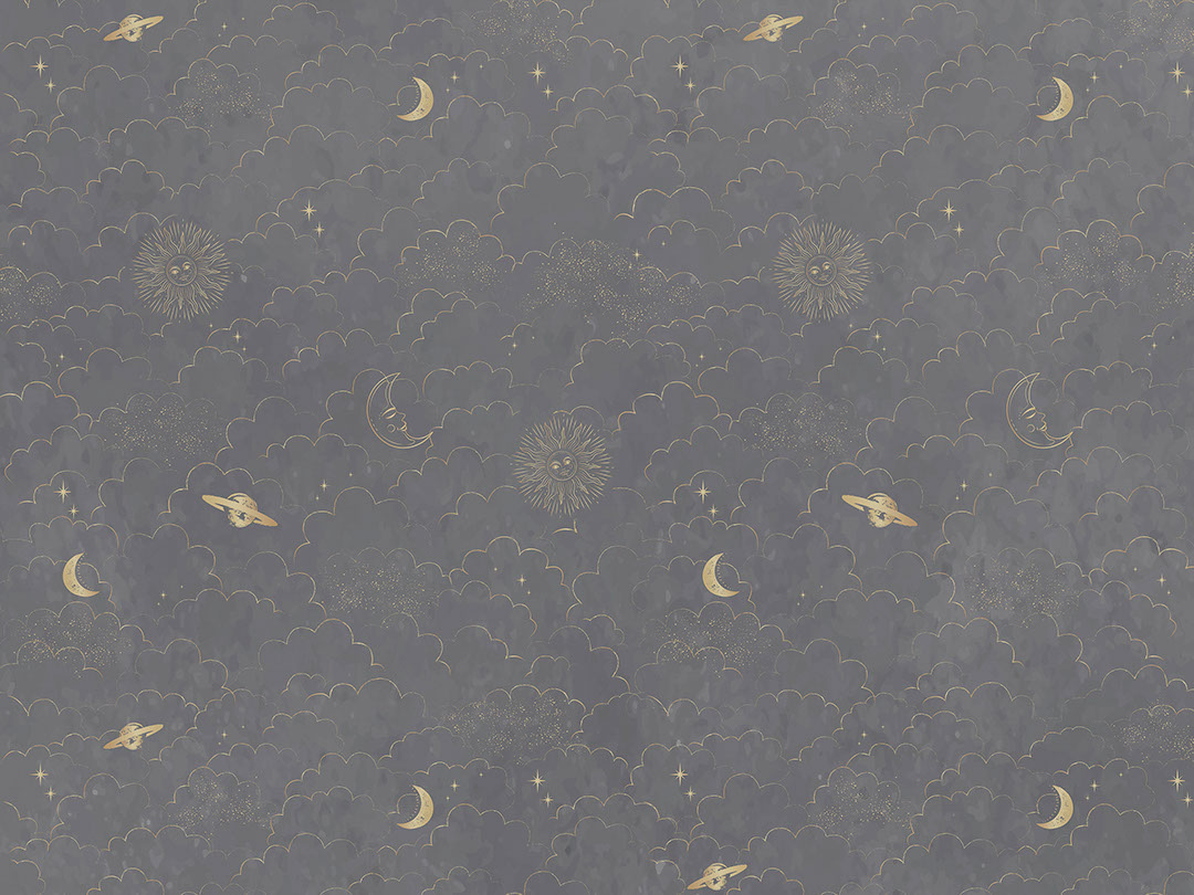 Silver planets, sun and clouds on the grey sky patterned wallpaper