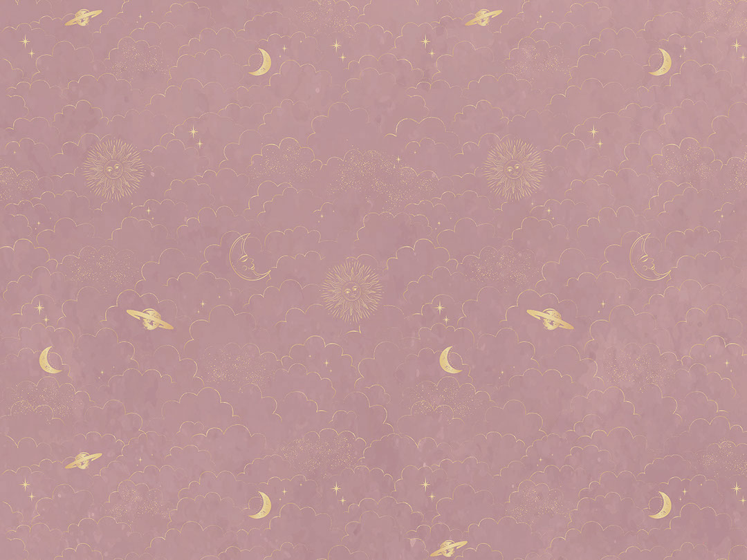 Golden planets and clouds on the pink sky patterned wallpaper