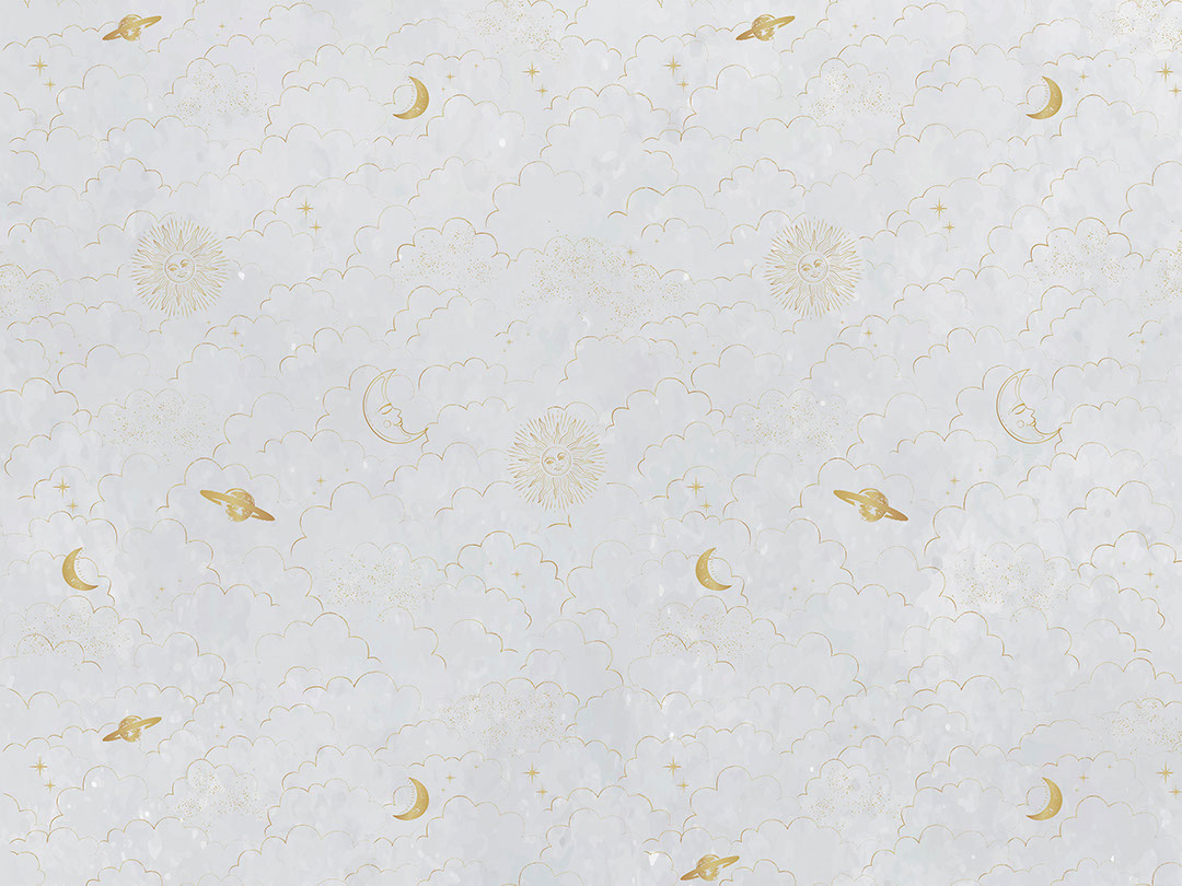 Golden planets and clouds on the milk sky patterned wallpaper