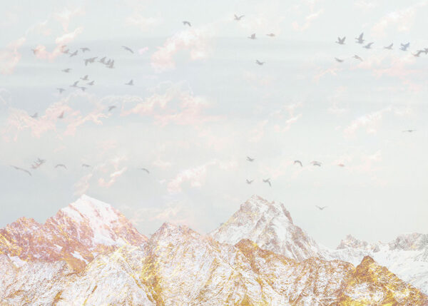 Winter mountains with golden peaks and birds wall mural