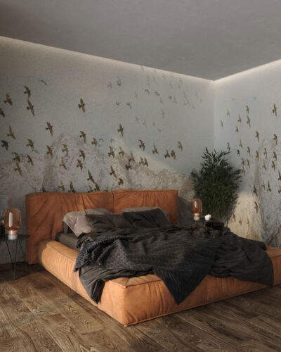 Winter mountains with bird flocks wall mural for the bedroom