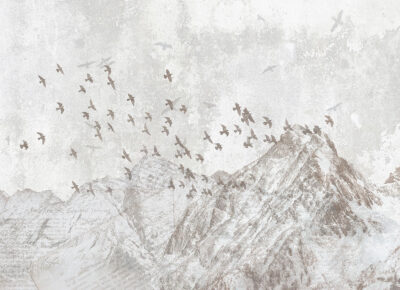 Grey winter mountains with bird flocks wall mural