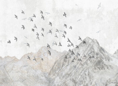Textured winter mountains with bird flocks wall mural