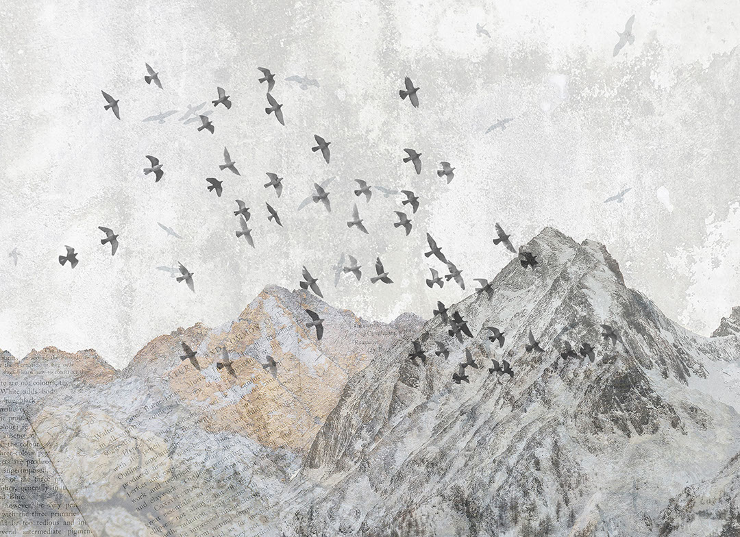 Textured rocky mountains with bird flocks wall mural