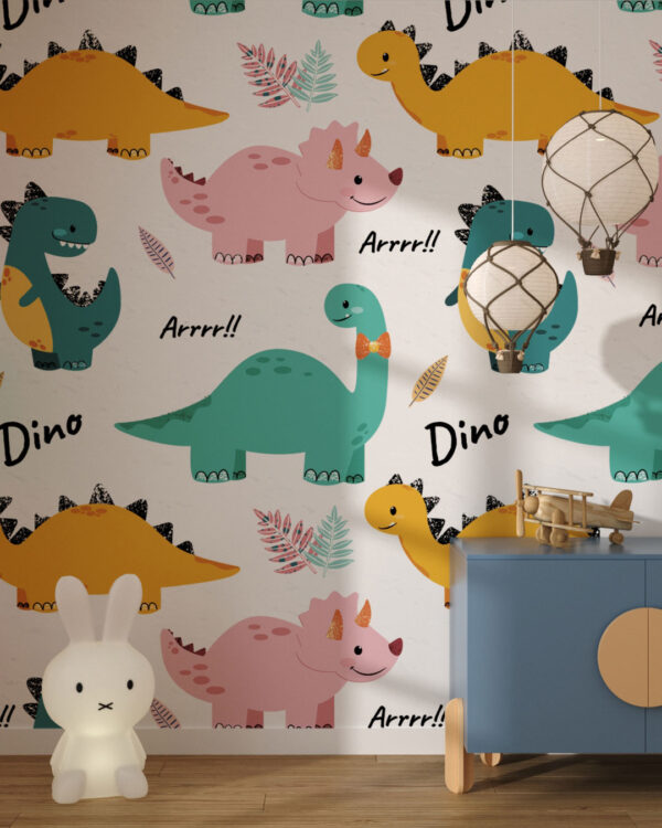 Funny dinosaurs patterned wallpaper for a children's room