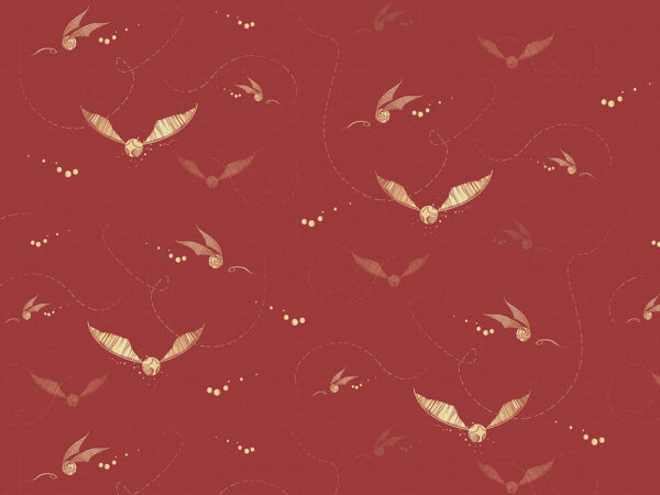 Golden Harry Potter snitches on the red background patterned wallpaper