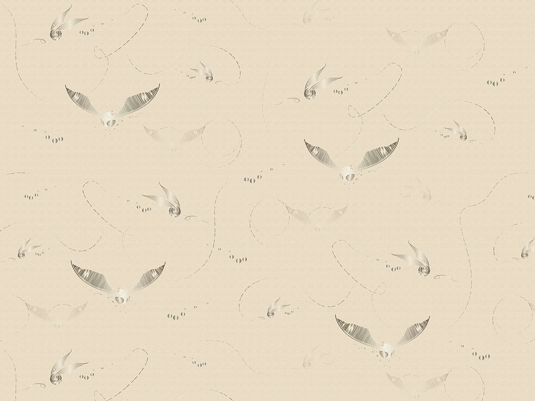 Delicate silver Harry Potter snitches on a beige background patterned wallpaper