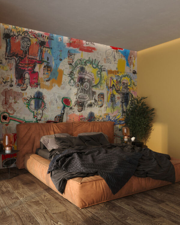 Basquiat style inspired colourful graffiti wall mural for the bedroom