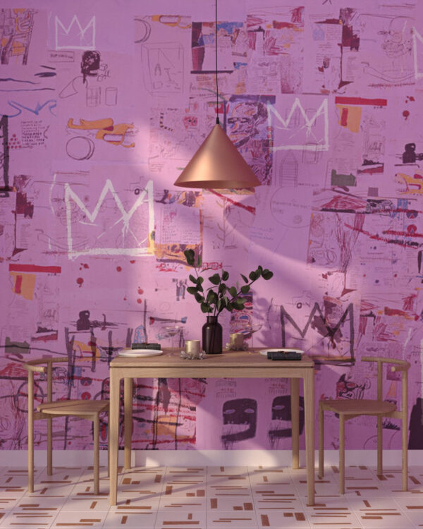 Basquiat inspired pink graffiti with crowns wall mural for the kitchen