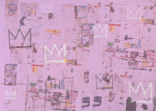 Basquiat inspired pink graffiti with crowns wall mural