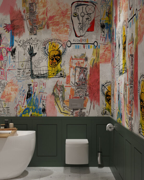 Bright Basquiat inspired graffiti wall mural for the bathroom