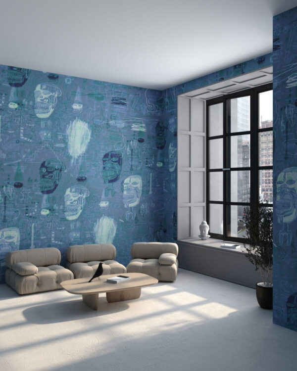 Blue and grey graffiti faces patterned wallpaper for the living room