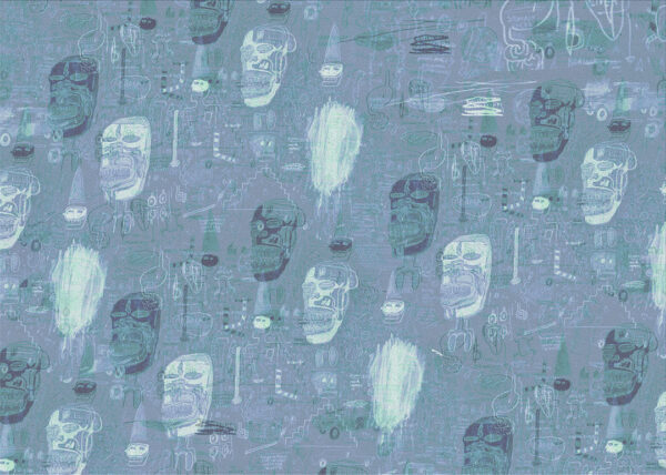 Blue and grey graffiti faces patterned wallpaper