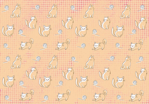 Kittens playing with a ball of yarn orange patterned wallpaper