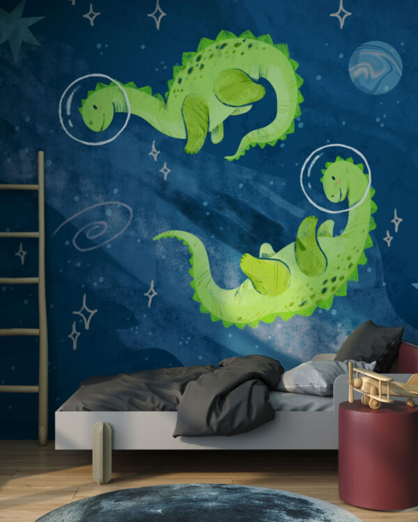 Dinosaurs among the space planets wall mural for a children's room