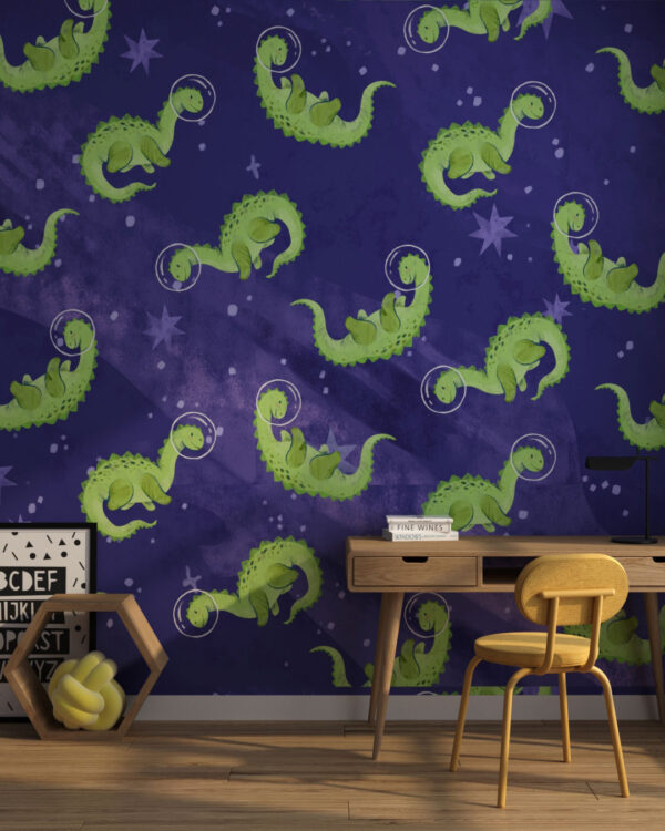 Astronaut dinosaurs in space patterned wallpaper for a children's room