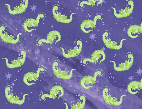 Astronaut dinosaurs in purple space patterned wallpaper