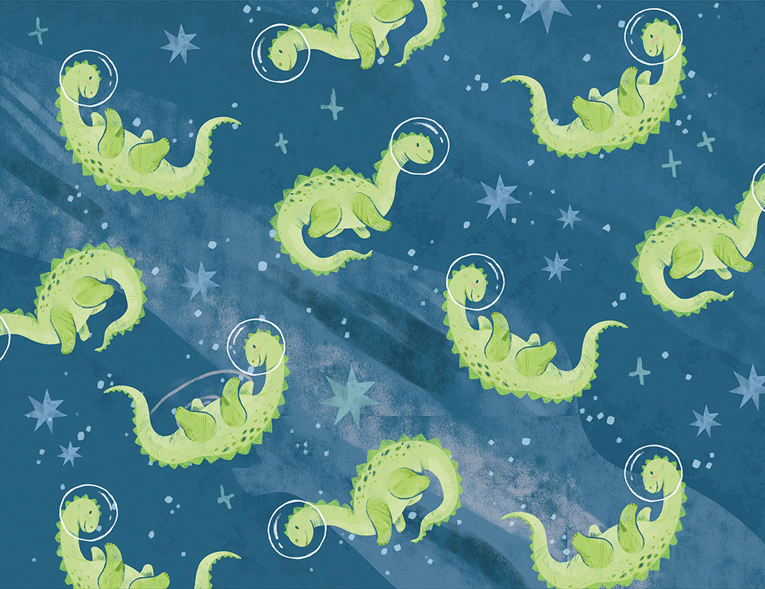 Astronaut dinosaurs in blue space patterned wallpaper