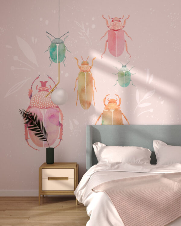 Watercolour beetles and leaves wall mural for the bedroom