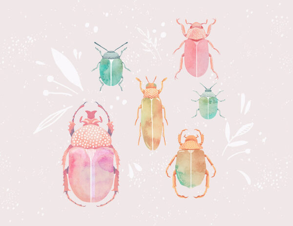 Bright watercolour beetles and leaves wall mural