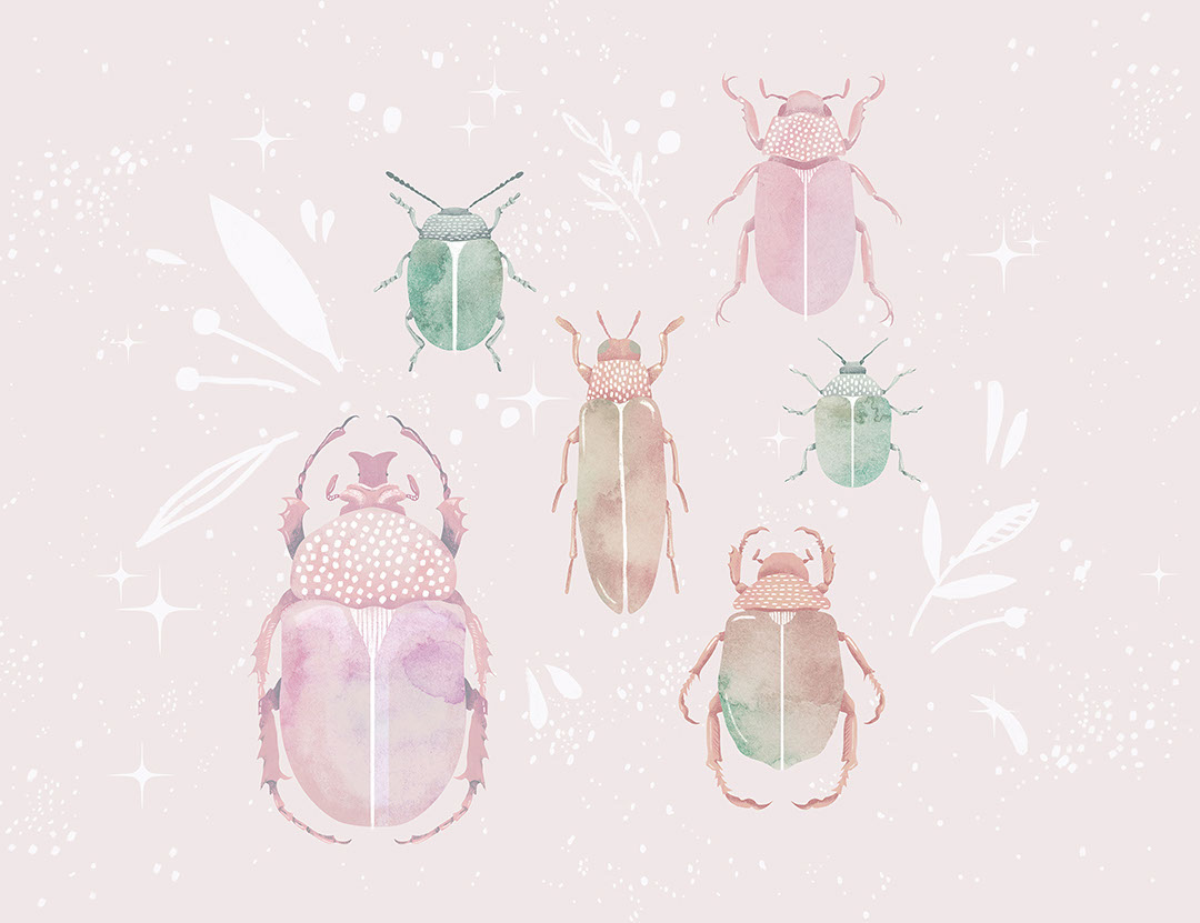 Pastel watercolour beetles and leaves wall mural