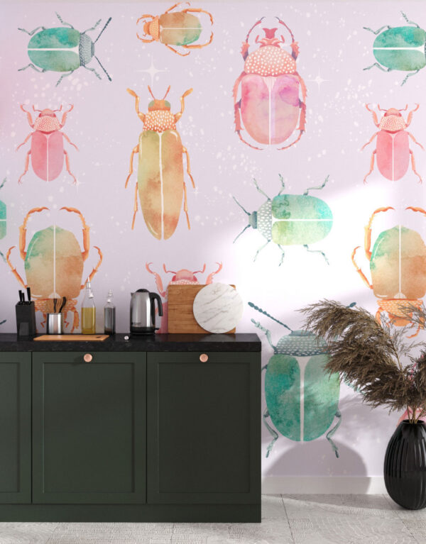 Bright watercolour beetles patterned wallpaper for the kitchen