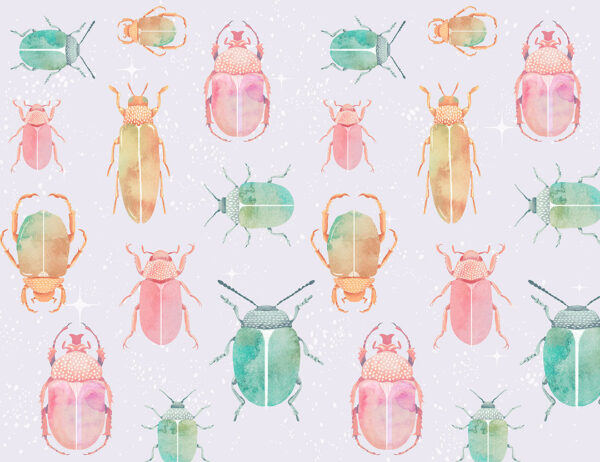 Bright watercolour beetles patterned wallpaper