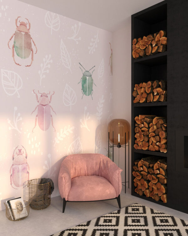 Colourful beetles, leaves and twigs patterned wallpaper for the living room